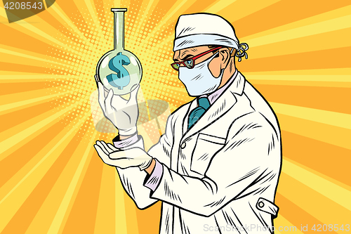 Image of Scientist in mask analyzes the economy