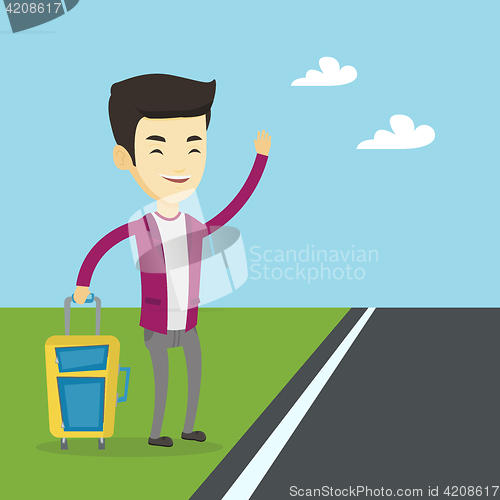 Image of Young man hitchhiking vector illustration.