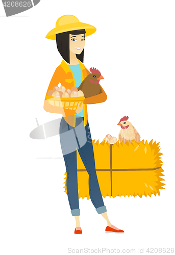 Image of Farmer holding chicken and basket of eggs.
