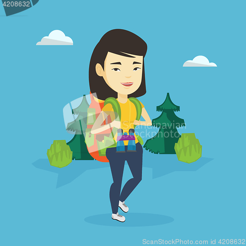 Image of Woman with backpack hiking vector illustration.