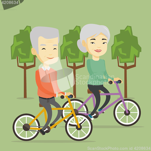 Image of Senior couple riding on bicycles in the park