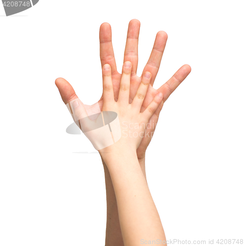Image of happy father and child holding hands together