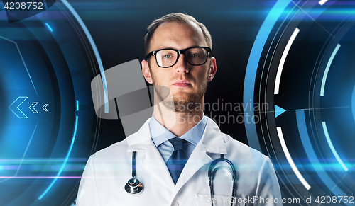 Image of close up of doctor in white coat with stethoscope