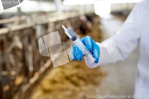 Image of veterinarian hand with vaccine in syringe on farm