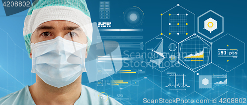 Image of surgeon in surgical mask and hat over charts