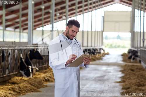 Image of veterinarian with cows in cowshed on dairy farm