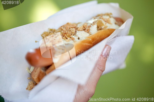 Image of close up of hand with hot dog