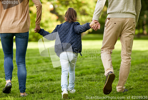 Image of happy family walking in summer park