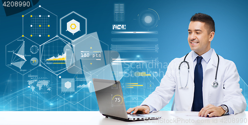 Image of male doctor with laptop over virtual charts