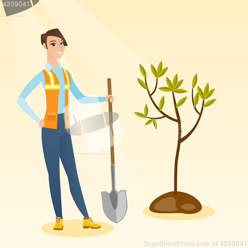Image of Woman plants tree vector illustration.