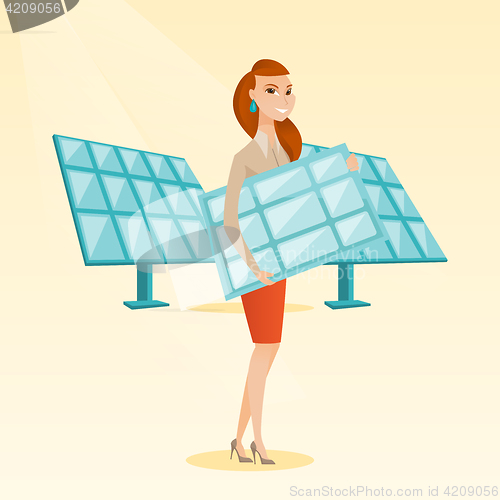 Image of Woman holding solar panel vector illustration.