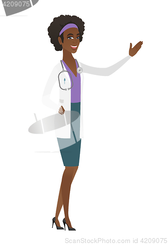 Image of African-american doctor showing a direction.
