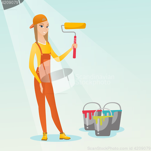 Image of Painter holding paint roller vector illustration.