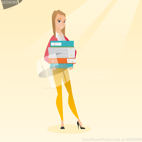 Image of Woman holding pile of books vector illustration.