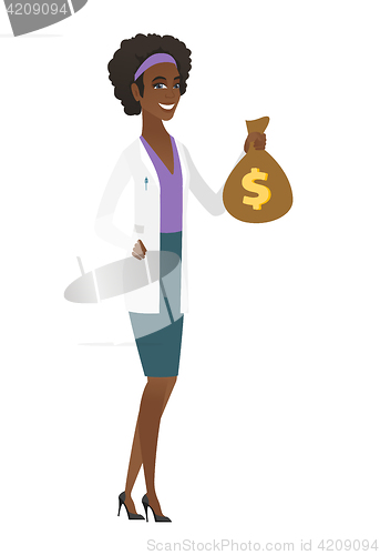 Image of African-american doctor holding a money bag.