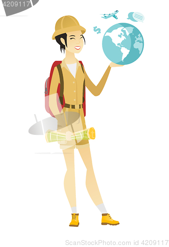 Image of Asian traveler woman holding map and globe.