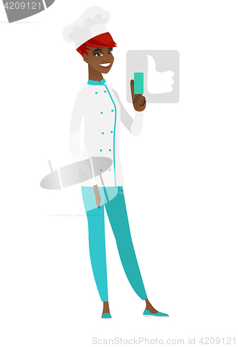 Image of African-american chef cook pressing like button.