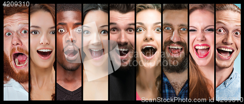 Image of The collage of young women and men smiling face expressions