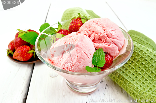 Image of Ice cream strawberry in glass with mint on board