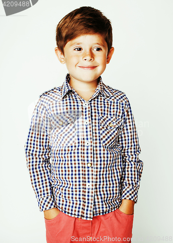 Image of young pretty little cute boy kid wondering, posing emotional fac