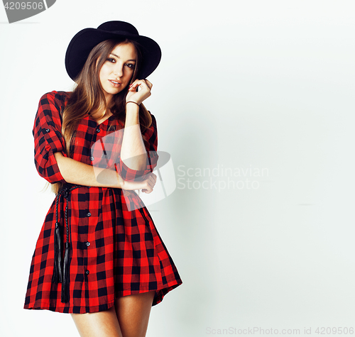 Image of young pretty brunette girl hipster in hat on white background casual close up dreaming smiling, lifestyle people concept