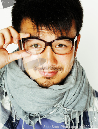 Image of young handsome asian man hipster in glasses on white background,