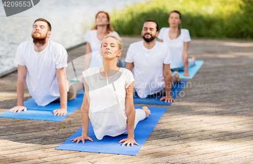 Image of group of people making yoga exercises outdoors