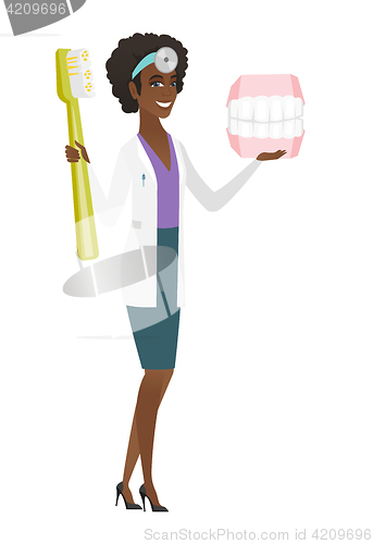 Image of Dentist with dental jaw model and toothbrush.