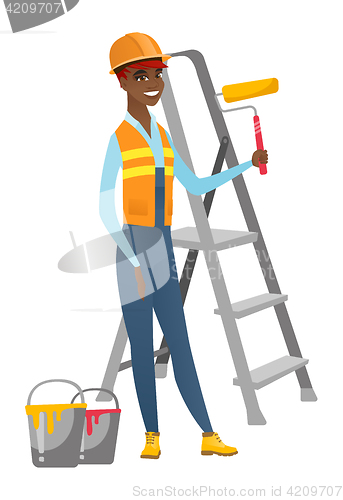 Image of Painter holding paint roller vector illustration.