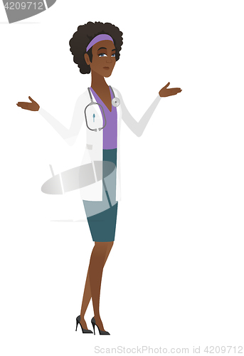 Image of African-american confused doctor with spread arms.