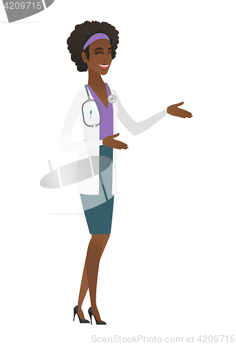 Image of Young african-american happy doctor gesturing.