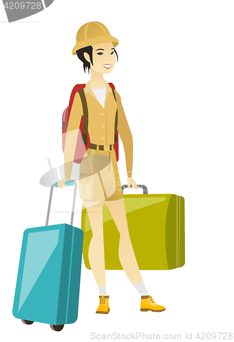 Image of Young asian woman traveler with many suitcases.