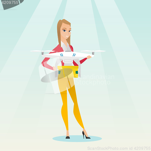 Image of Woman controlling delivery drone with post package