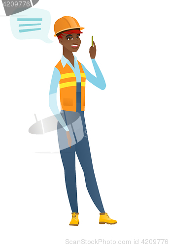 Image of Young african-american builder with speech bubble.