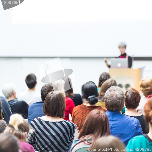 Image of Woman giving presentation on business conference.