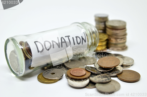 Image of Donation lable in a glass jar with coins spilling out
