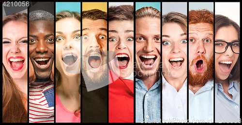 Image of The collage of young women and men smiling face expressions