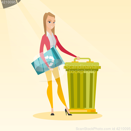 Image of Woman with recycle bin and trash can.