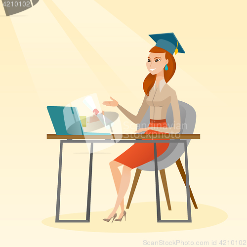 Image of Graduate getting diploma from the computer.