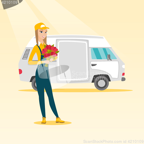 Image of Delivery courier holding bouquet of flowers.