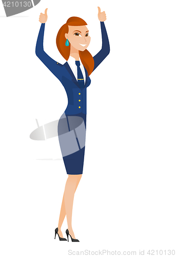 Image of Stewardess standing with raised arms up.