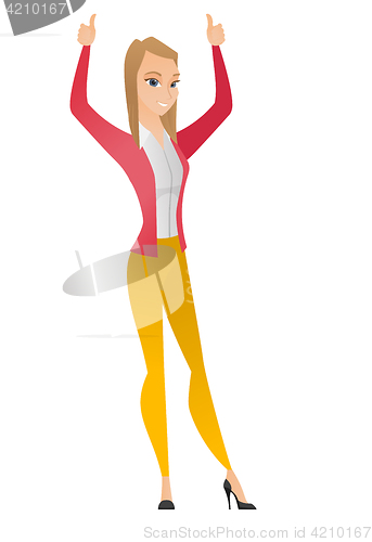 Image of Business woman standing with raised arms up.