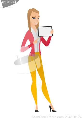 Image of Smiling business woman holding tablet computer.