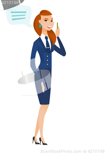 Image of Young caucasian stewardess with speech bubble.