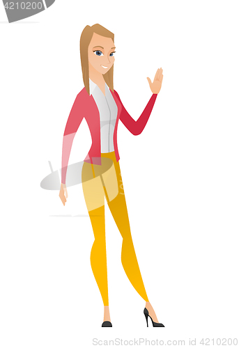 Image of Young caucasian business woman waving her hand.