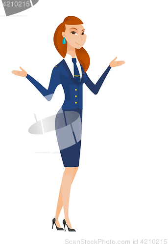 Image of Caucasian confused stewardess with spread arms.