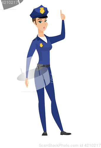 Image of Policewoman with open mouth pointing finger up.