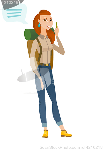 Image of Young caucasian traveler with speech bubble.