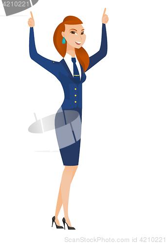 Image of Stewardess standing with raised arms up.