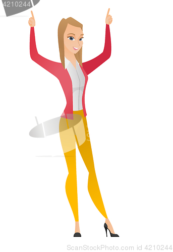 Image of Business woman standing with raised arms up.